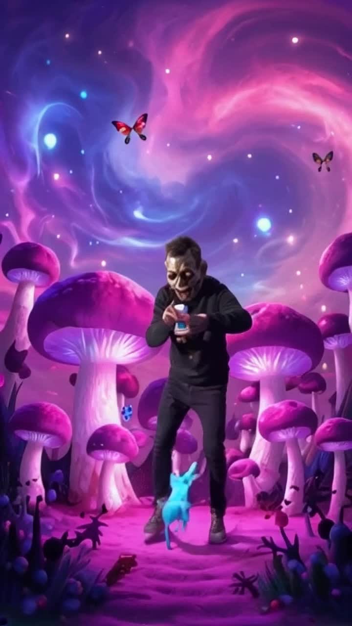 Zombified Mac Dre with iconic thizz face animatedly popping thizz pill surrounded by playful Smurfettes dancing joyfully in enchanting shroom land filled with oversized mushrooms sparkling in vibrant hues overhead swirling kaleidoscopic skies bursting with purple pink blue soft ethereal glow illuminating whimsical terrain twinkling fairy lights flickering fluttering butterflies whimsical magical creatures casting playful shadows across landscape