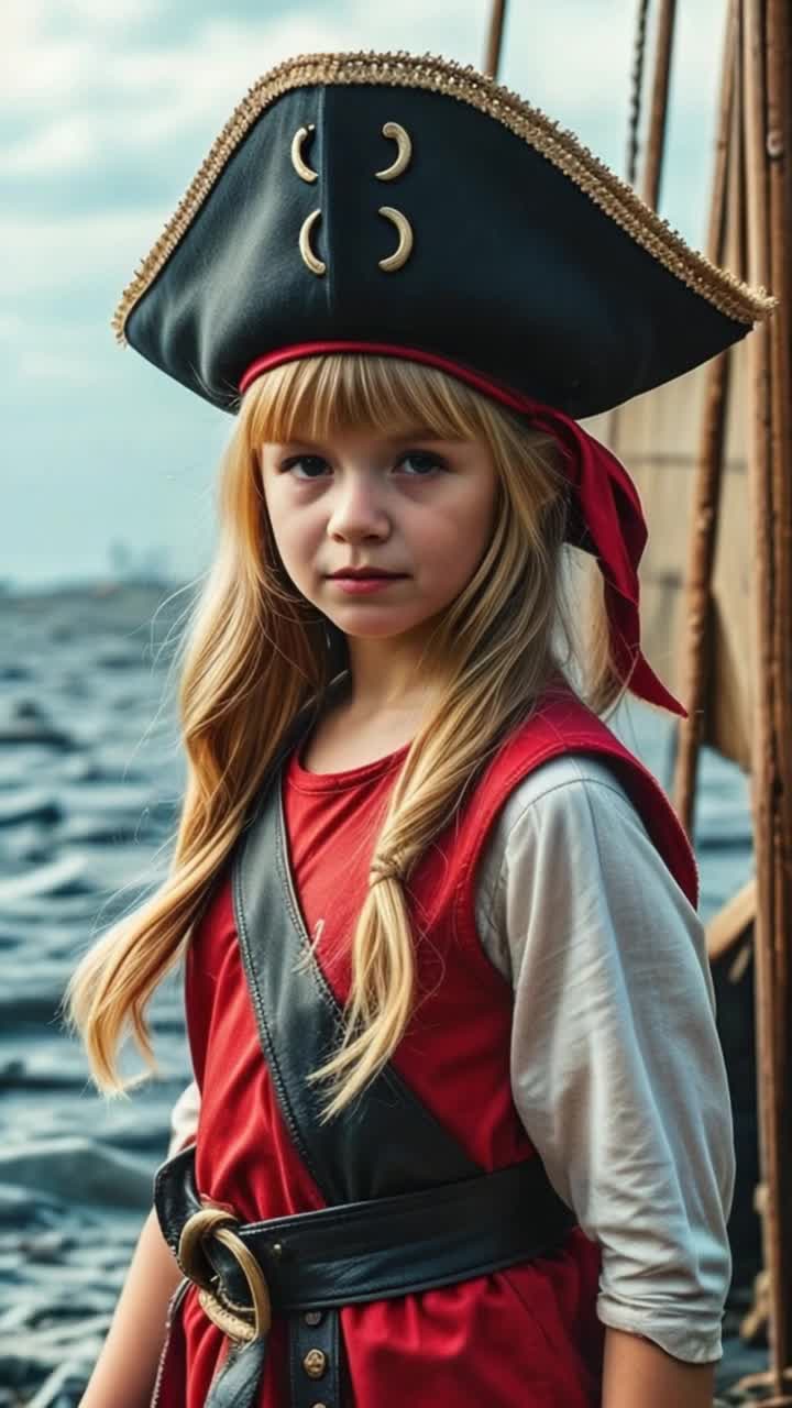 Pirate ship at sea, girl on clipper ship goes sailing past 