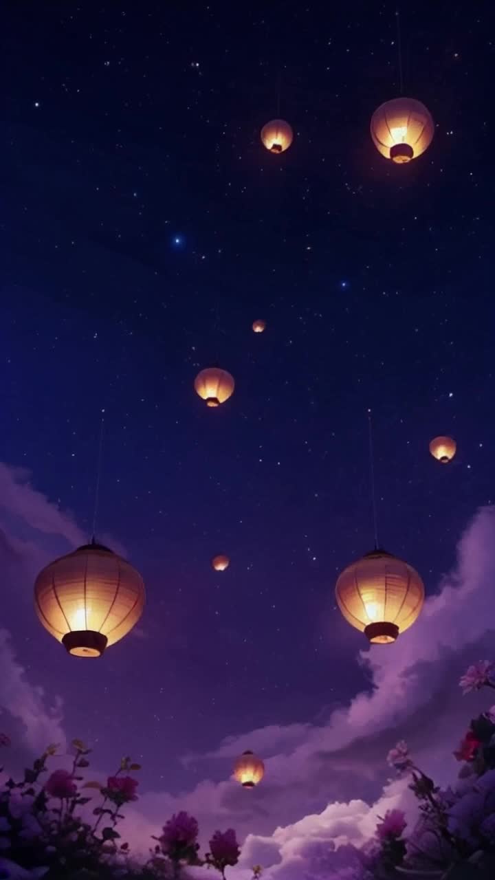 Whimsical floating lanterns illuminating starry night sky Magic streams of colors dancing between twinkling lights Dreamy enchanted forest teeming with vibrant flowers and gentle whispers of wind