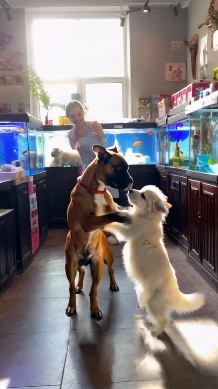 Rocky charming boxer with a playful grin Adrian radiant beauty with sparkling eyes exchanging teasing glances at a cozy pet shop surrounded by colorful fish tanks fluffy puppies bouncing around shelves stocked with vibrant pet supplies sunlight streaming through large windows illuminating their cheerful laughter