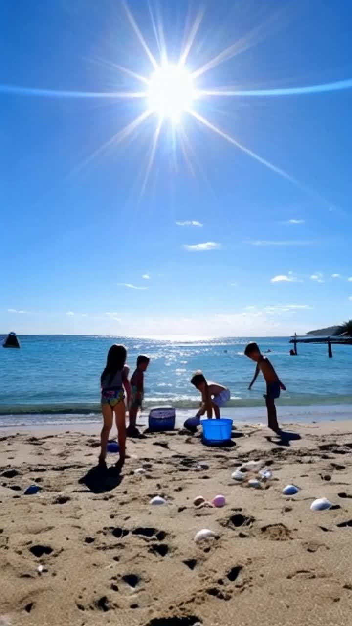 Laughterfilled group of joyful children splashing in water vibrant beachwear bright shovels and buckets swirling colors Action of darting between waves building sandcastles with fluffy white sand Background of a radiant sun glowing overhead gentle ocean breeze rustling palm trees picturesque shoreline dotted with seashells shimmering under waves sparkling blue ocean stretching to the horizon