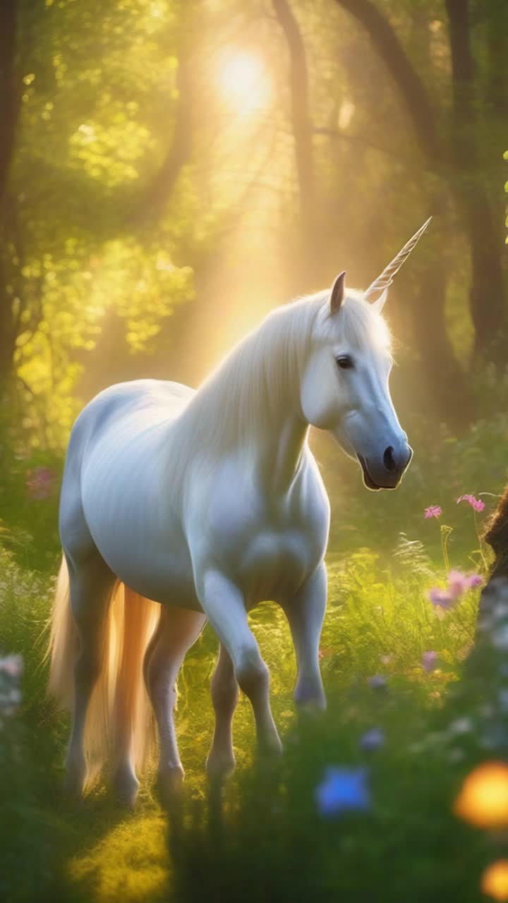 Majestic unicorn with shimmering white coat and spiraling golden horn grazes peacefully among vibrant wildflowers Gracefully strides through enchanted forest enveloped in soft golden sunlight filtering through lush green leaves Ethereal creatures peek from behind ancient trees while colorful butterflies flutter around Gentle stream babbles nearby reflecting the radiant colors of nature
