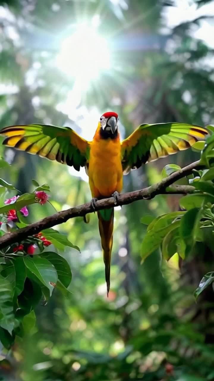 Vibrant parrot perched on a lush branch Flapping its wings with excitement Underneath a radiant sun illuminating a dense tropical rainforest filled with colorful flowers and swirling butterflies