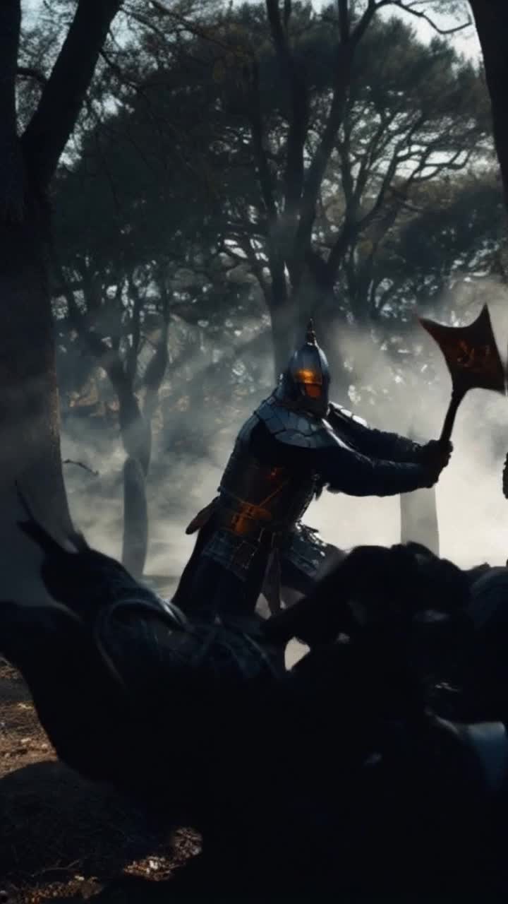 Fierce warrior adorned in ornate armor gripping a sacred axe of justice intricately engraved with geometric designs gleaming in radiant sunlight Swinging axe powerfully through thick air with each decisive strike cleaving down dark shadowy adversaries emerging from swirling mist Surrounding landscape filled with ancient trees casting long shadows creating an aura of tension and anticipation echoing with the sounds of clashing metal and battle cries