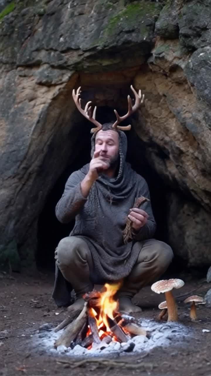 A caveman scoops soot from the ground outside of a small fire to rub into his face, holds up broken branches on either side of his head that resemble deer antlers, to tell a story about the buck that got away during an unsuccessful hunt, while other cavemen, women and cave children listen, sitting around there small cave fire at the entrance of there cave The scene blends into the caveman thats telling the story morphs into a robed druid, having a hat with branches that resemble antlers His audience is literally mesmerized, there are white spotted red cap mushrooms near their tiny bonfire 