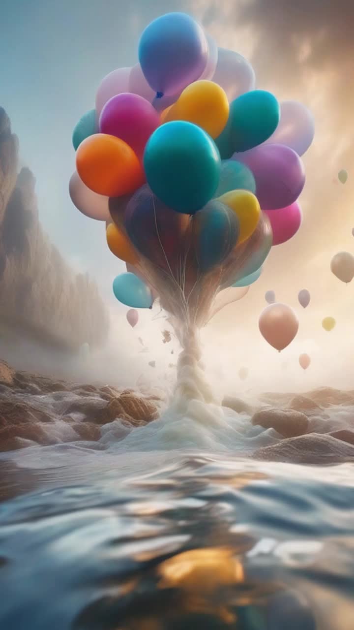 Colorful balloons swirling gracefully Falling through cascading crystalclear water Glimmering sunlight reflecting off splashes Clouds of mist rising from rocky edges