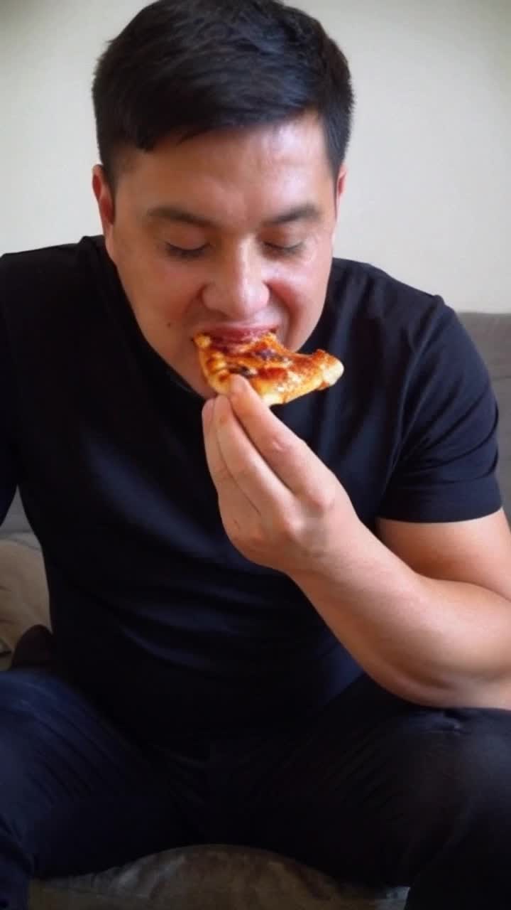 Haz un video sobre un un hombre comindose una pizza