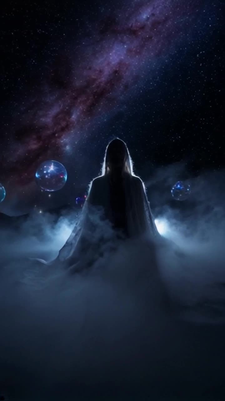 Mysterious shadowy figure cloaked in swirling mist hums haunting melody surrounded by ethereal glowing orbs flickering with vibrant colors under a starry night sky shimmering with distant galaxies