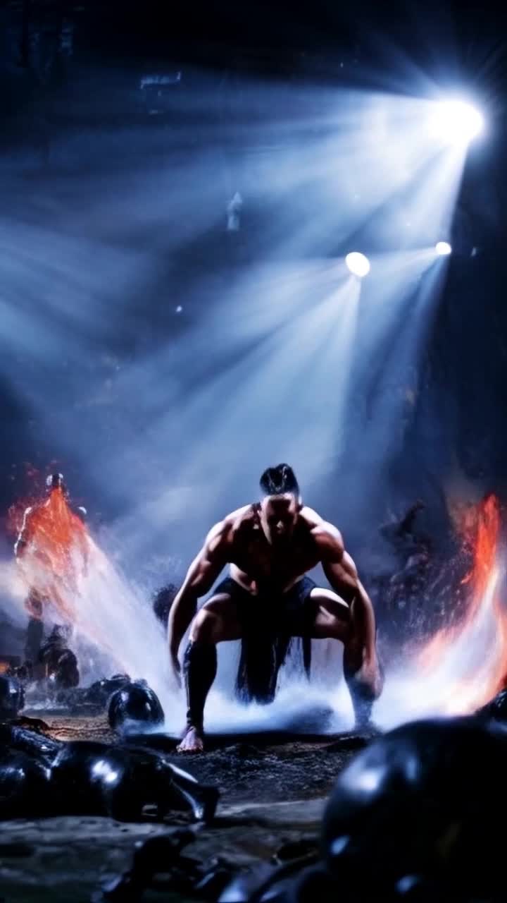 Varsity, Cinematic, Explodes, Dynamic Motion, Diffused lighting, Low angle, High vibrational chosen warrior of THE MOST HIGH receives download straight into the pineal in the middle of the battleground and immediately leaps into action unleashing devastating high vibrational frequencies on all his enemies in devastating fashion then unleashes ancient martial arts and dismantles evil demons with ease then he hero poses and flexes his muscles 