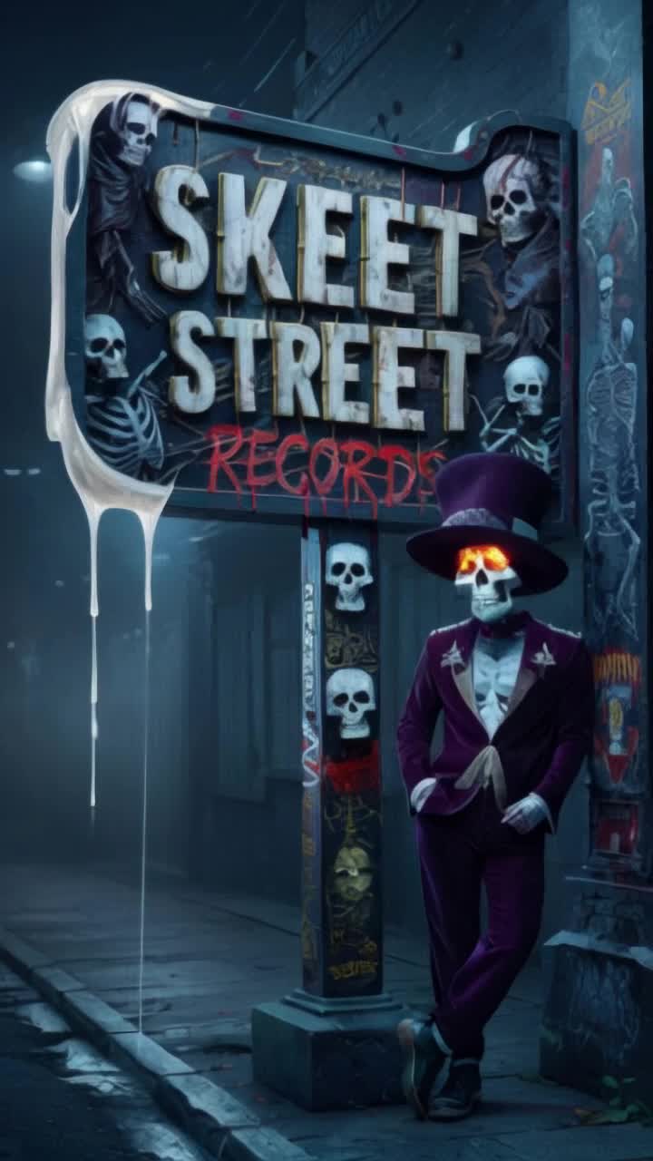 The fire burns, white gel dripping slowly, the skeleton holds up a gang sign 