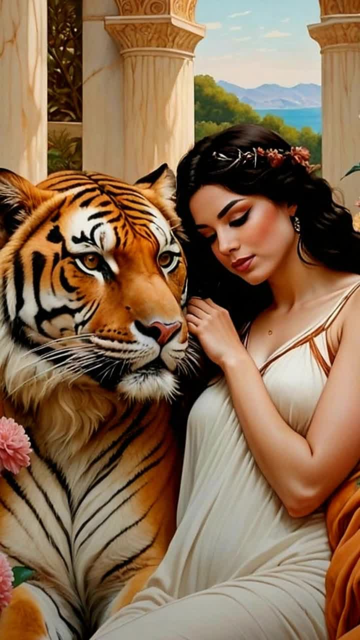 Elegant woman with flowing silky attire caressing soft fur of majestic tiger Exotic jungle foliage encircling them vibrant colors splashing sunlight filtering through lush canopy Crafted details of golden stripes contrasting delicate hands serene atmosphere blending harmony of nature with luxury