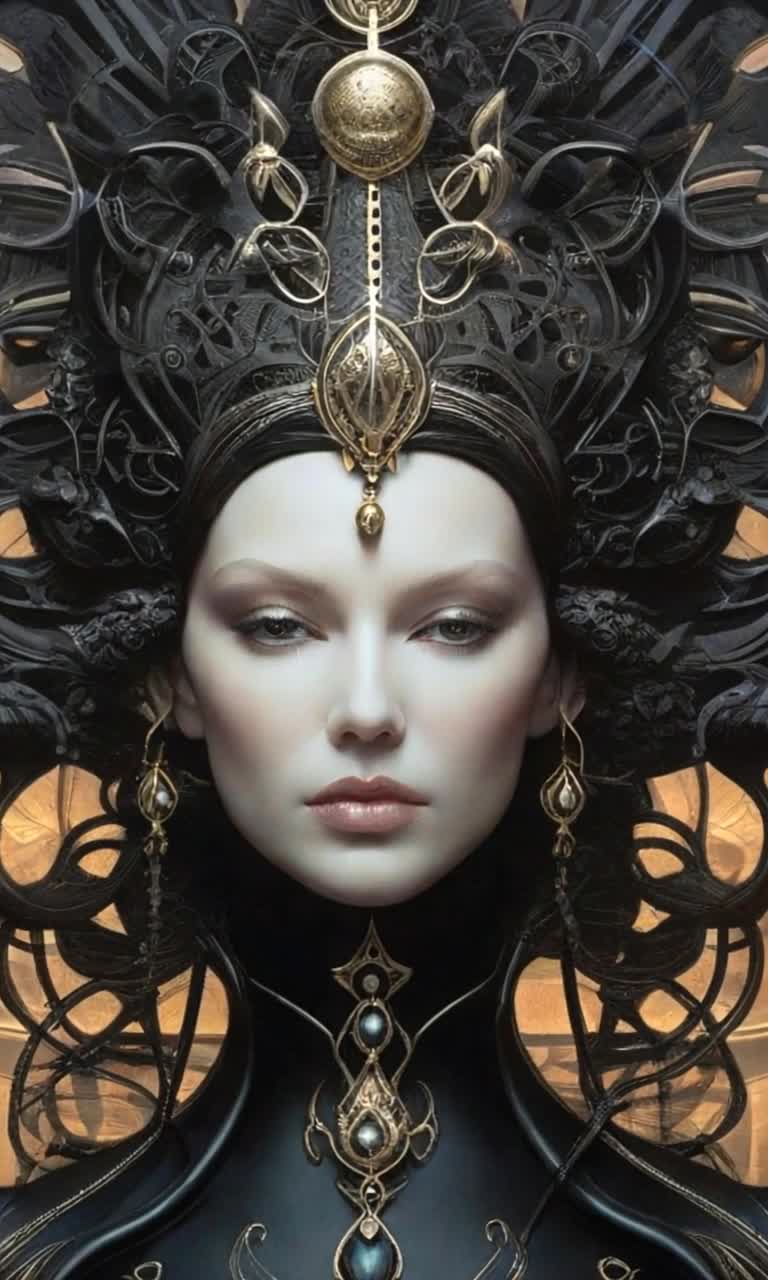 Regal empress draped in luxurious robes adorned with shimmering gold threads standing tall amidst a host of attentive advisors whispering urgent matters of state maintaining calm composure while poised on an ornate throne adorned with celestial motifs gazing thoughtfully at intricate star maps projected before her beams of starlight illuminating her presence echoing with the whispers of ancient wisdom swirling in a cosmic expanse reflecting the weight of her vast empire glimmering like jewels in the night sky