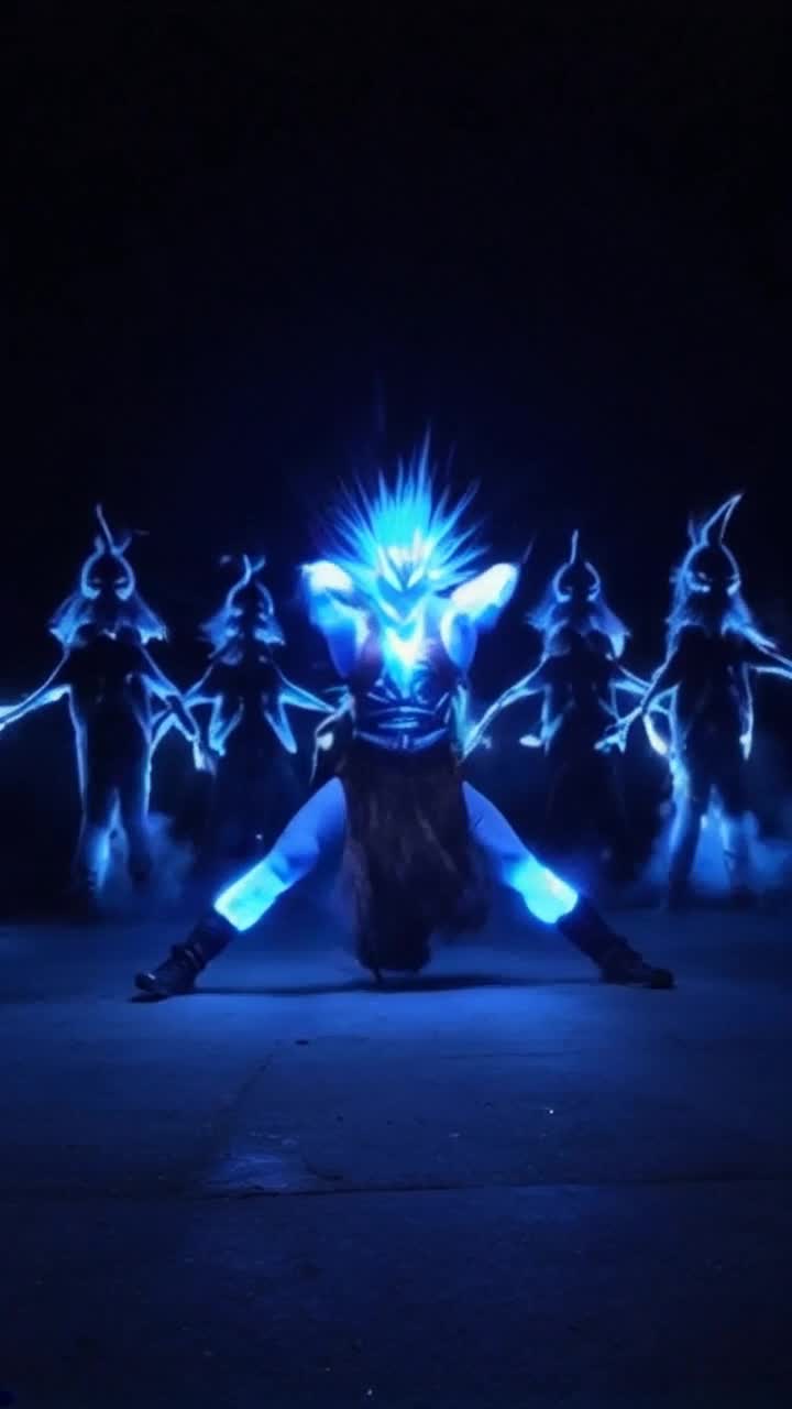 Radiant figure of an ascended master spiky hair crackling with bright blue energy lunges forward executing a flurry of powerful martial arts moves slicing through the air toward a group of sinister shadowy witches cloaked in swirling darkness fog enveloping their forms with flickering shadows dancing around them 
