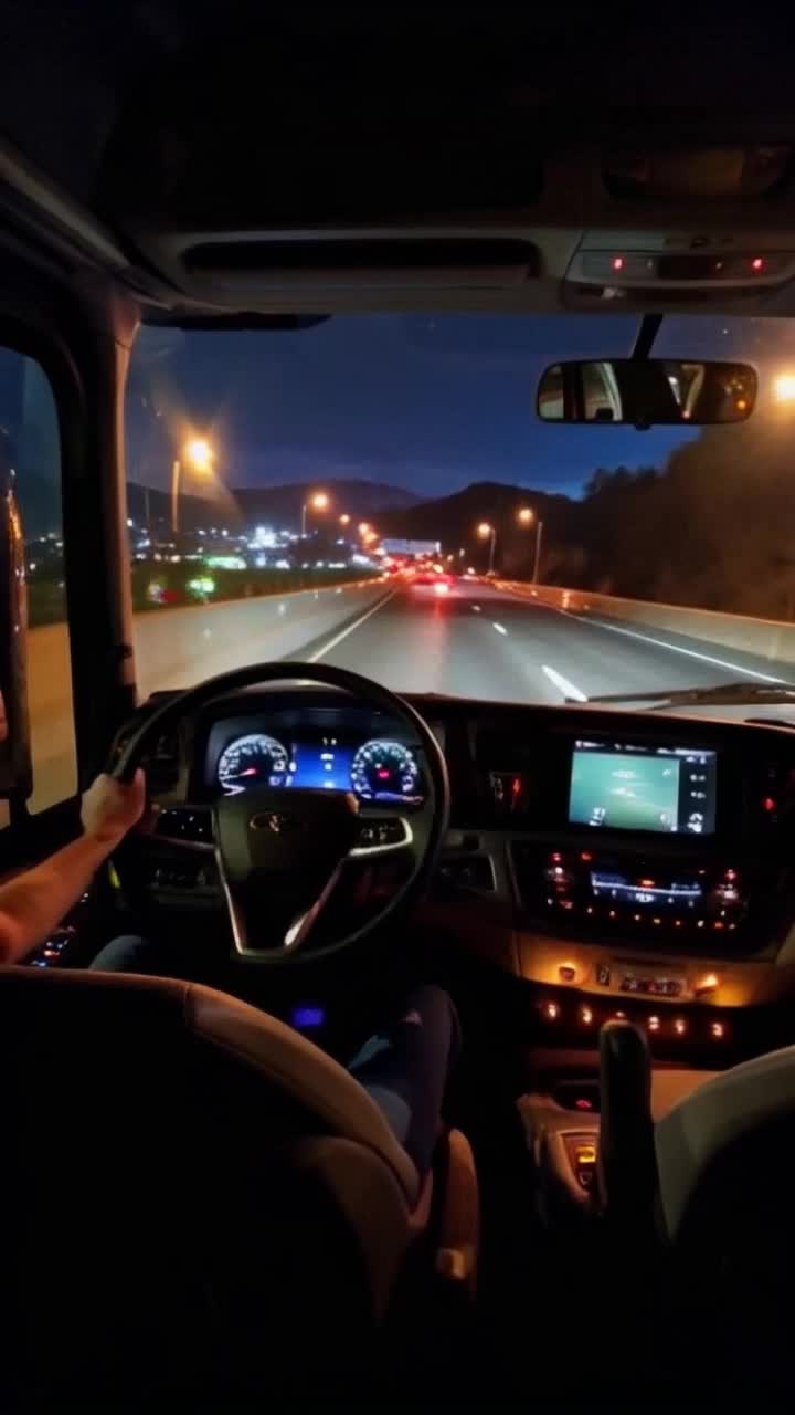 Luxury tour bus gliding seamlessly down eightlane expressway under deep twilight sky Drivers leathered hands gripping steering wheel with precision observing vast expanse ahead Glimmers of distant city lights twinkling alongside lush trees shadows of hills looming in rich shades of green gray against dawns royal blue canvas Speedometer flickering softly illuminating dashboard emitting a warm glow Luxurious interior embracing passengers in opulence as bus whirs past at eighty mph capturing essence of tranquil morning drive in evocative serenity