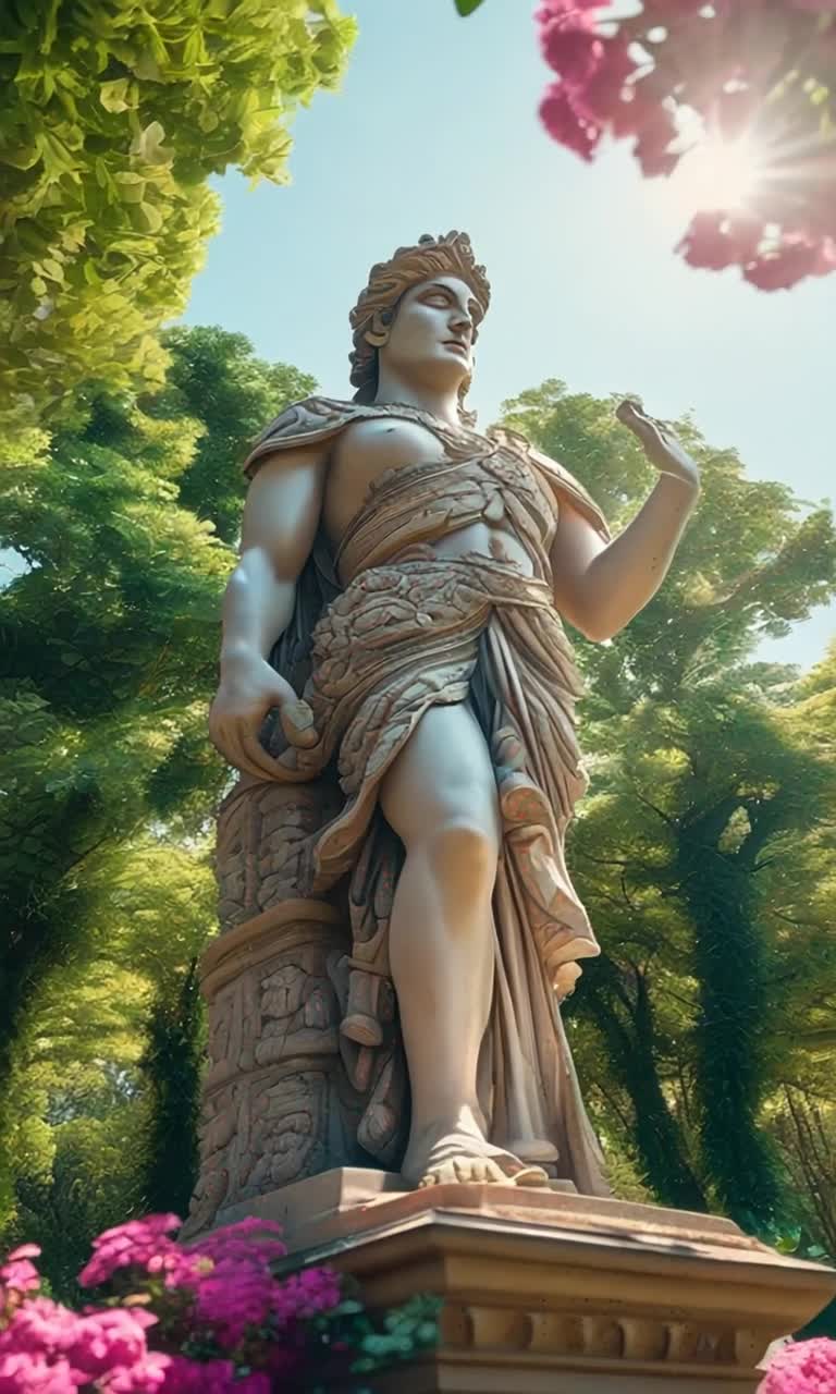 Majestic colossal statue towering against azure sky  Sunlight glinting off intricately carved stone  Surrounded by lush greenery and vibrant flowers swaying gently in the breeze