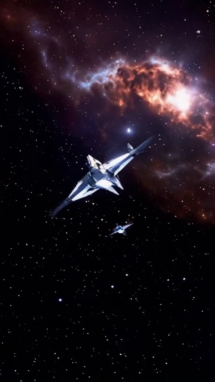 Futuristic spacecraft spiraling dramatically  sleek metallic exterior glinting in starlight  pivoting swiftly to lock onto enemy ships streaking across cosmic backdrop  vibrant nebula swirling in hues of blue and purple illuminating the battlefield  distant stars twinkling like diamonds scattered across velvet sky  tension building as engines roar to life preparing for impending combat
