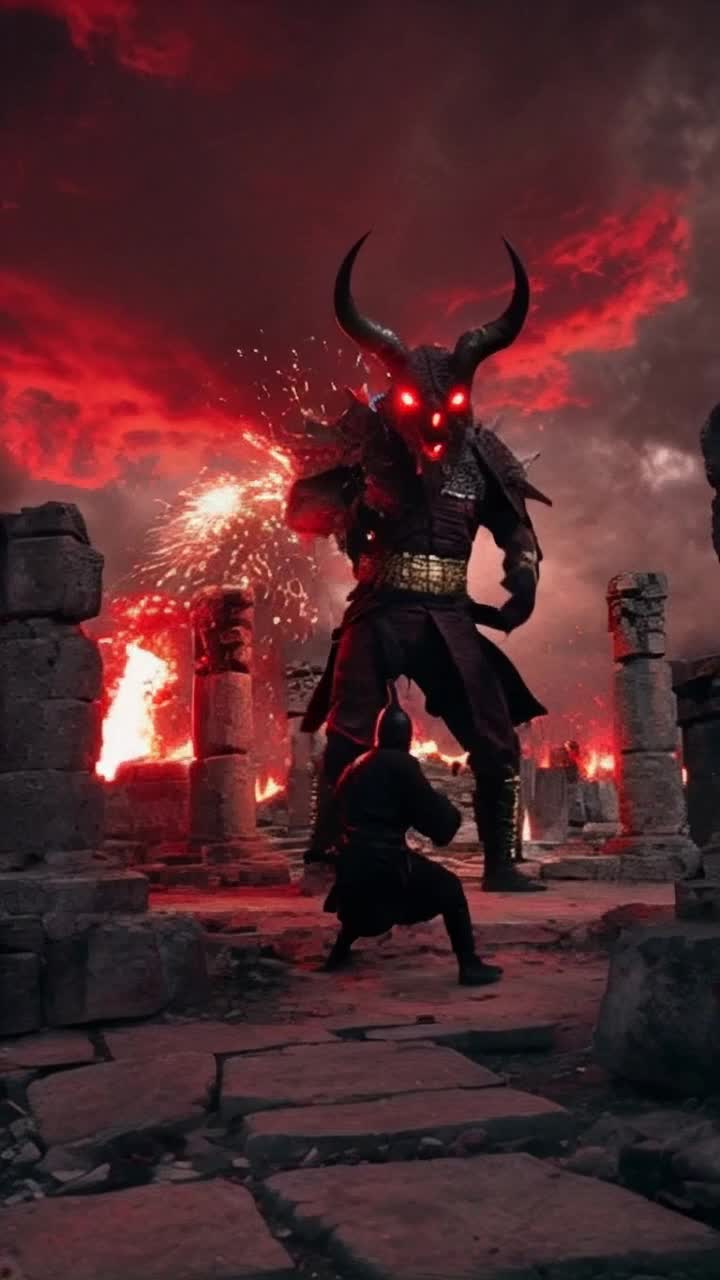 Ninja clad in dark attire exuding an aura of stealth dodges fiery hellfire hurled by a towering horned demon with glowing red eyes retaliating with a flurry of lightning-fast strikes each radiating brilliant energy illuminating the surrounding chaos ancient ruins crumbling beneath a blood-red sky swirling with dark clouds flashes of energy crackling in the air clashes echoing through the desolate landscape as shadows dance against the fiery backdrop