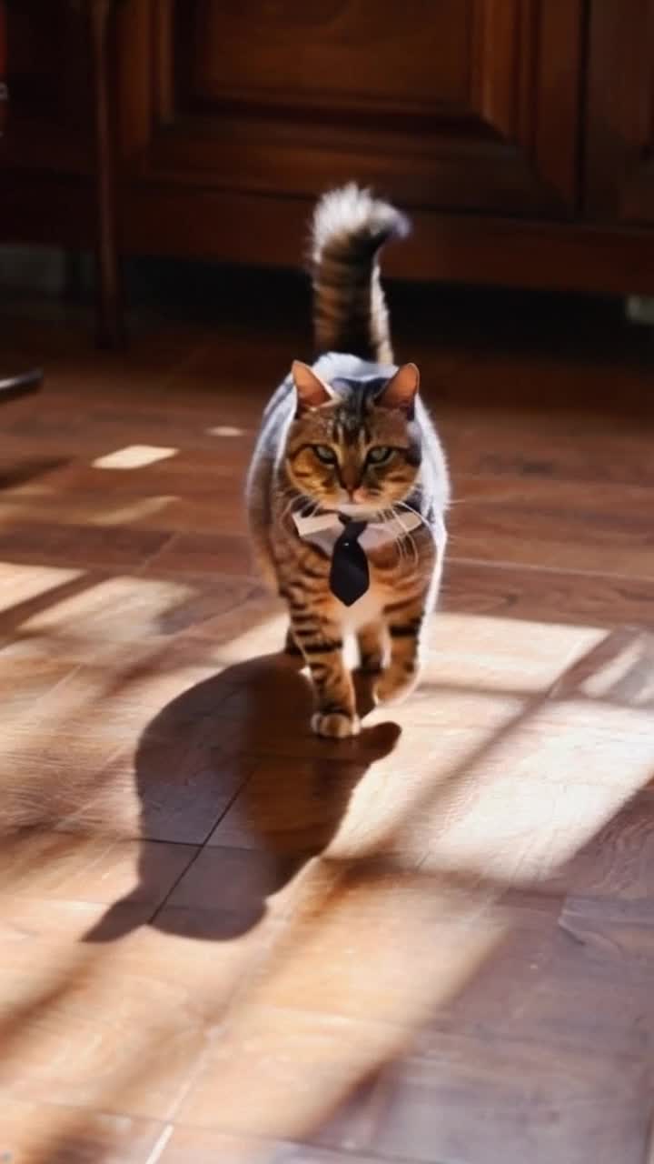 Whimsical feline donning a tailored uniform with shiny buttons and a miniature tie struts confidently across a polished wooden floor radiating charisma and charm Sunlight filters through large bay windows casting playful shadows that dance around the room Soft classical music plays in the background enhancing the sophisticated atmosphere filled with plush cushions and elegant decor and then the cat takes the dreadful costume off, please and thank you
