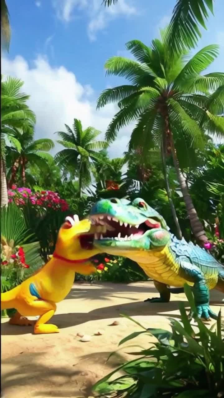 Colorful Bombadiro crocodile showcasing vibrant scales and exaggerated features engages in a playful tussle with mischievous Tim Cheese animated character with oversized head and cheesethemed attire Bombadiro snaps its jaws playfully while Tim Cheese darts around dodging with nimble movements Lively jungle backdrop filled with lush green foliage bright tropical flowers and dappled sunlight filtering through treetops creating an adventurous atmosphere Enchanting music plays emphasizing whimsical rivalry as playful antics unfold amidst this vibrant setting