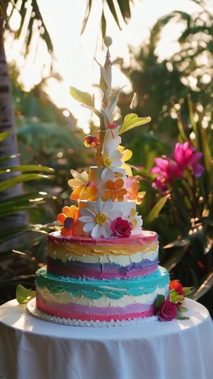 Intricate multilayered cake adorned with vibrant wax decorations glistening under soft lighting surrounded by lush tropical foliage and vivid flowers showcasing the lush beauty of Costa Rica gentle breeze rustling leaves creating a serene atmosphere as sunlight filters through canopy illuminating colorful cake details