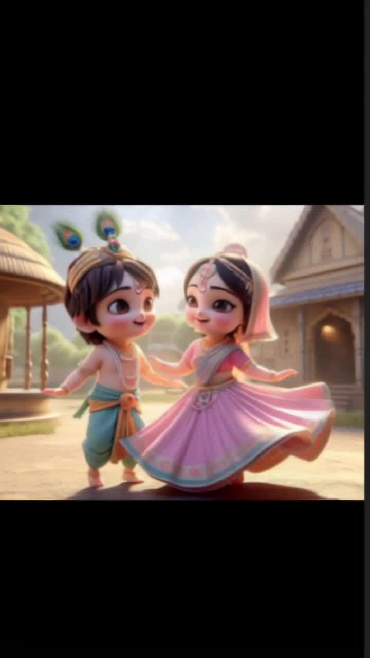 Cute image in 3D of Radha and Krishna dancing together