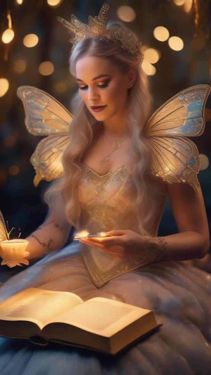 Tammy fae baker with extravagant glittering makeup and whimsical claws displays a richly adorned Bible she holds with delicate hands Warm golden light casts a glow revealing ornate pastries and fairytale decorations surrounding her Enchanted forest backdrop with twinkling fairy lights and fluttering butterflies creates a magical atmosphere filled with wonder and intrigue