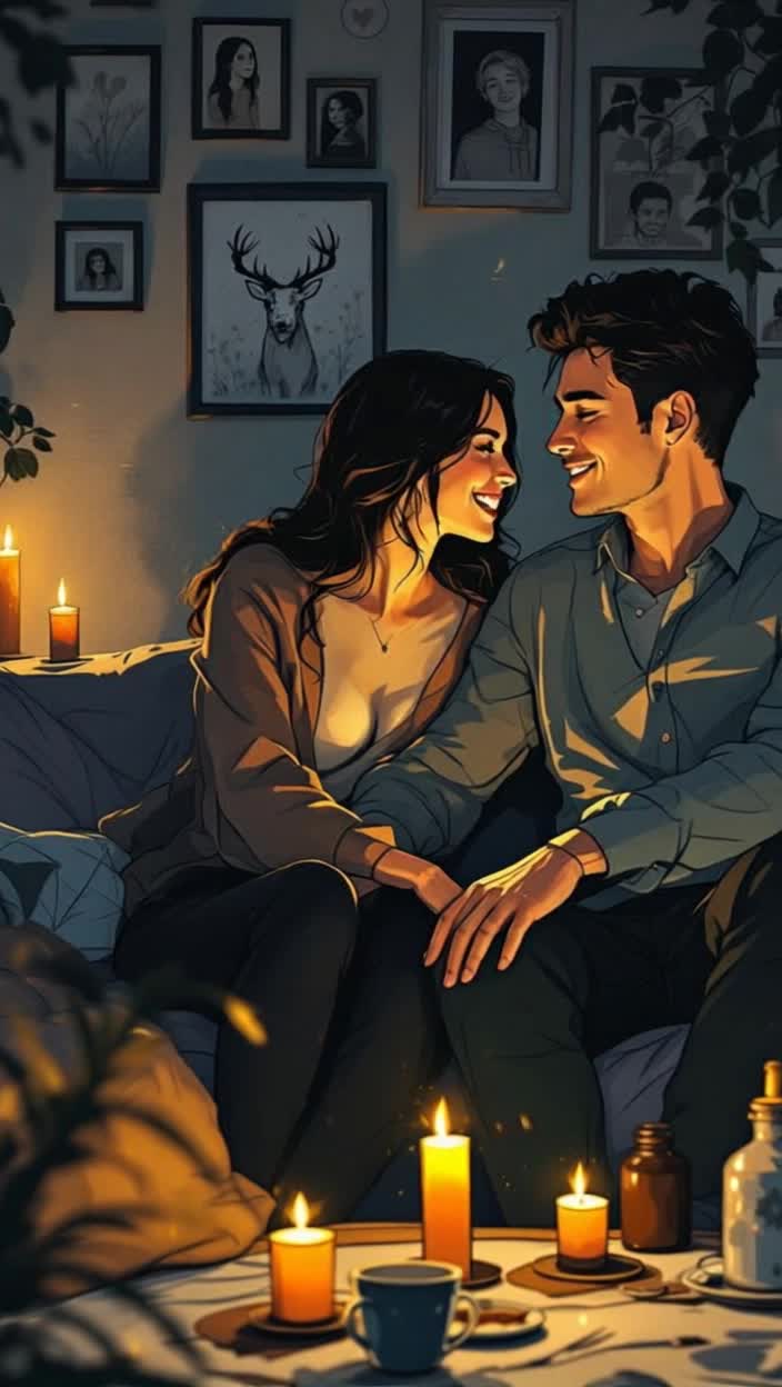 Couple engaged in an intimate conversation sharing emotions and laughter resolving conflicts with understanding glowing warmth between them tender glances exchanged Background of a cozy candlelit room soft shadows dancing on walls filled with meaningful photographs and gentle ambient music creating a serene atmosphere reinforcing their connection