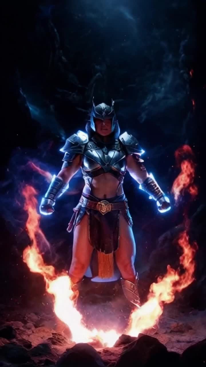 Fierce warrior adorned in dazzling armor radiating strength with pulsating energy surging through her body Muscles flexing in a heroic pose unleashing vibrant frequencies that obliterate negative energy vampires illuminating dark shadows Triumphantly celebrating victory over darkness in a surreal cinematic realm bursting with electric colors swirling lights and resonating sound waves echoing in the air