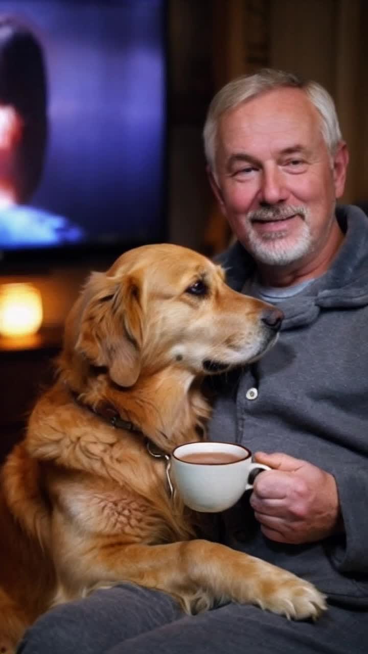 Golden retriever curled up beside a middleaged man wearing cozy pajamas sipping hot cocoa glowing in warm light from a flickering television screen