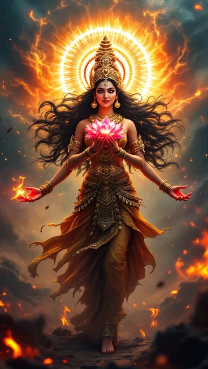 Majestic Goddess Katyayani radiates divine strength creating a powerful presence in a vivid animated reel Chaos surrounds her as the ominous shadow of Mahishasura looms generating destruction and dread Lights ignite capturing the fury of Brahma Vishnu Mahesh transforming into a radiant figure with swirling brilliance A serene yet fierce closeup unveils Katyayani her four arms embracing a sword and lotus symbolizing power and peace Darkness retreats as she triumphantly dispels evil with divine light The scene transforms revealing tranquility as she smiles softly invoking worshippers on Navratri capturing the essence of devotion with grandeur and beauty