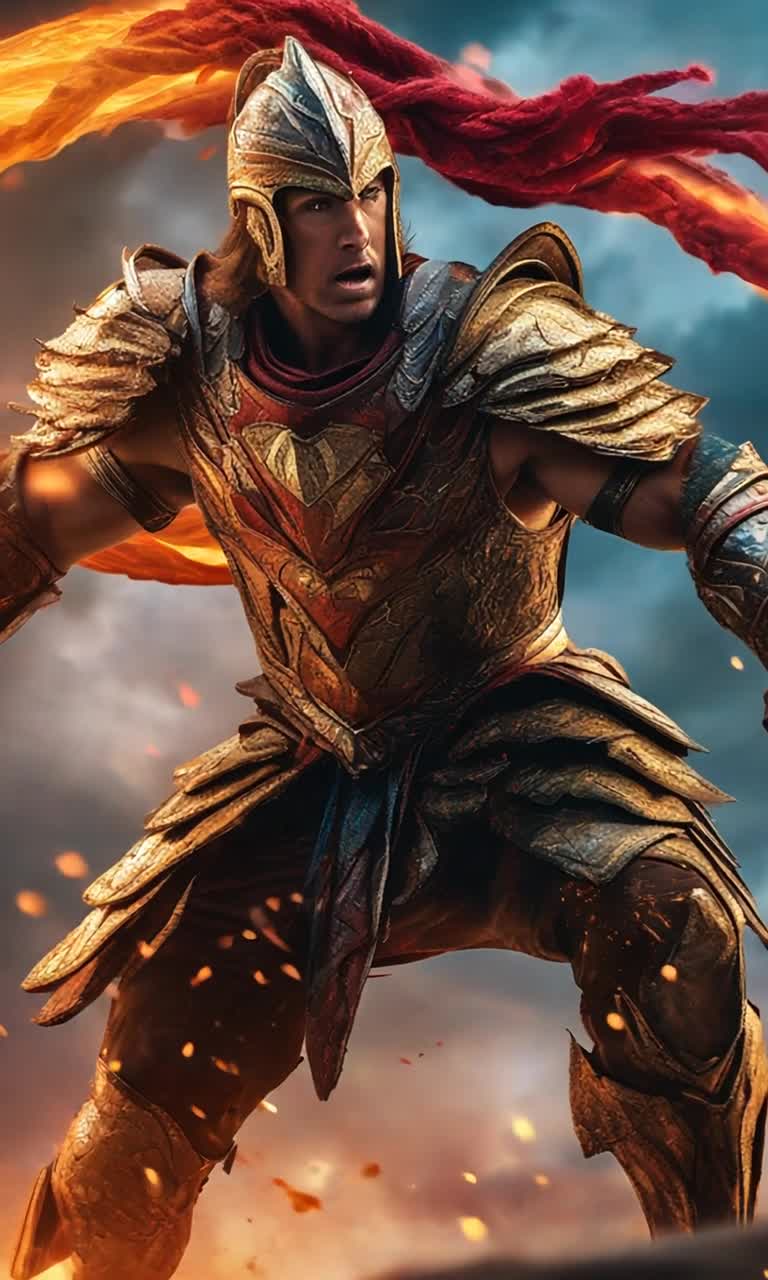 Valiant warrior clad in battle armor radiates unyielding strength and fierce power as he propels himself into swirling chaos schools of vibrant colors surrounding him like a tempest darkened skies crackling with energy shouts of battle echoing through the air as bravery ignites flames of determination in his eyes shadows dancing across his chiseled muscles tensed for combat sparks flying with each powerful leap through whirlwind of clashing swords and defiant roars where valor meets fury in a breathtaking display