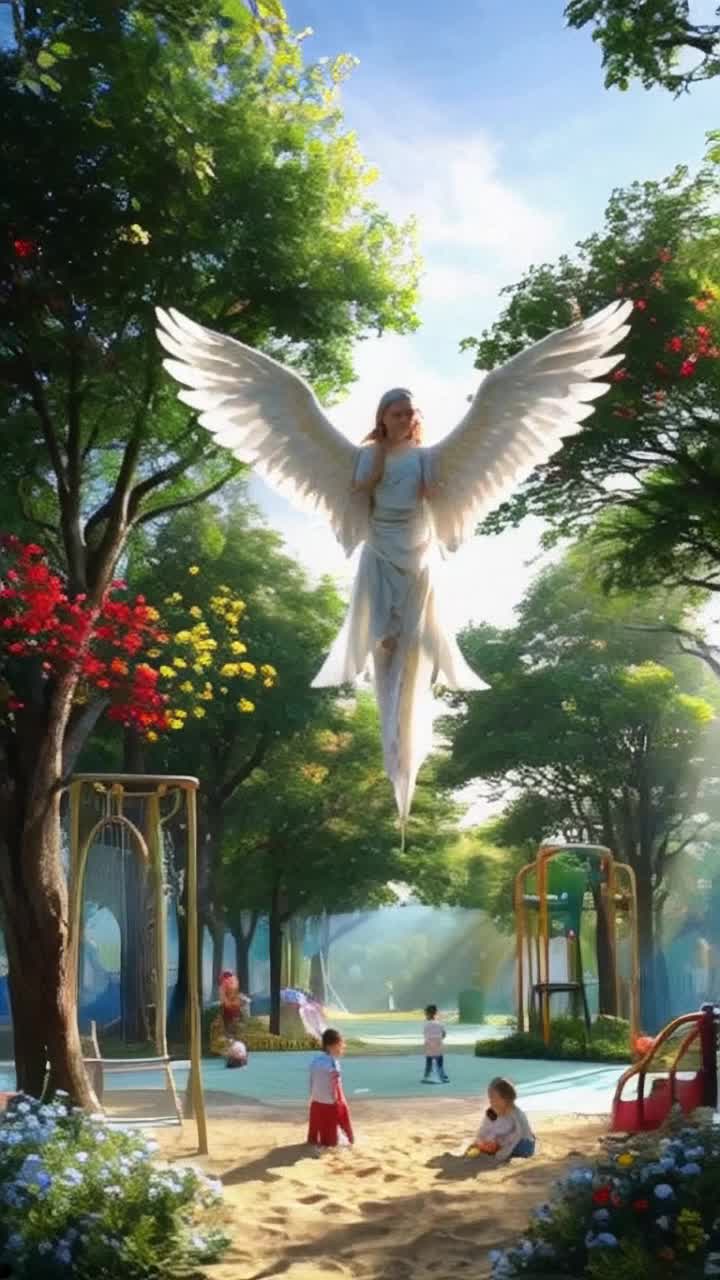 Radiant angel with flowing white wings hovering gracefully above playground filled with joyful children running laughing Meanwhile vibrant flowers bloom in shades of red yellow and blue surrounding tall lush green trees Soft sunlight filters through branches casting playful shadows on ground Cheerful birds flit about singing sweet melodies enhancing enchanting atmosphere Youngsters build sandcastles swing high in the air and chase each other amidst echoes of happiness creating a whimsical scene filled with joy and innocence
