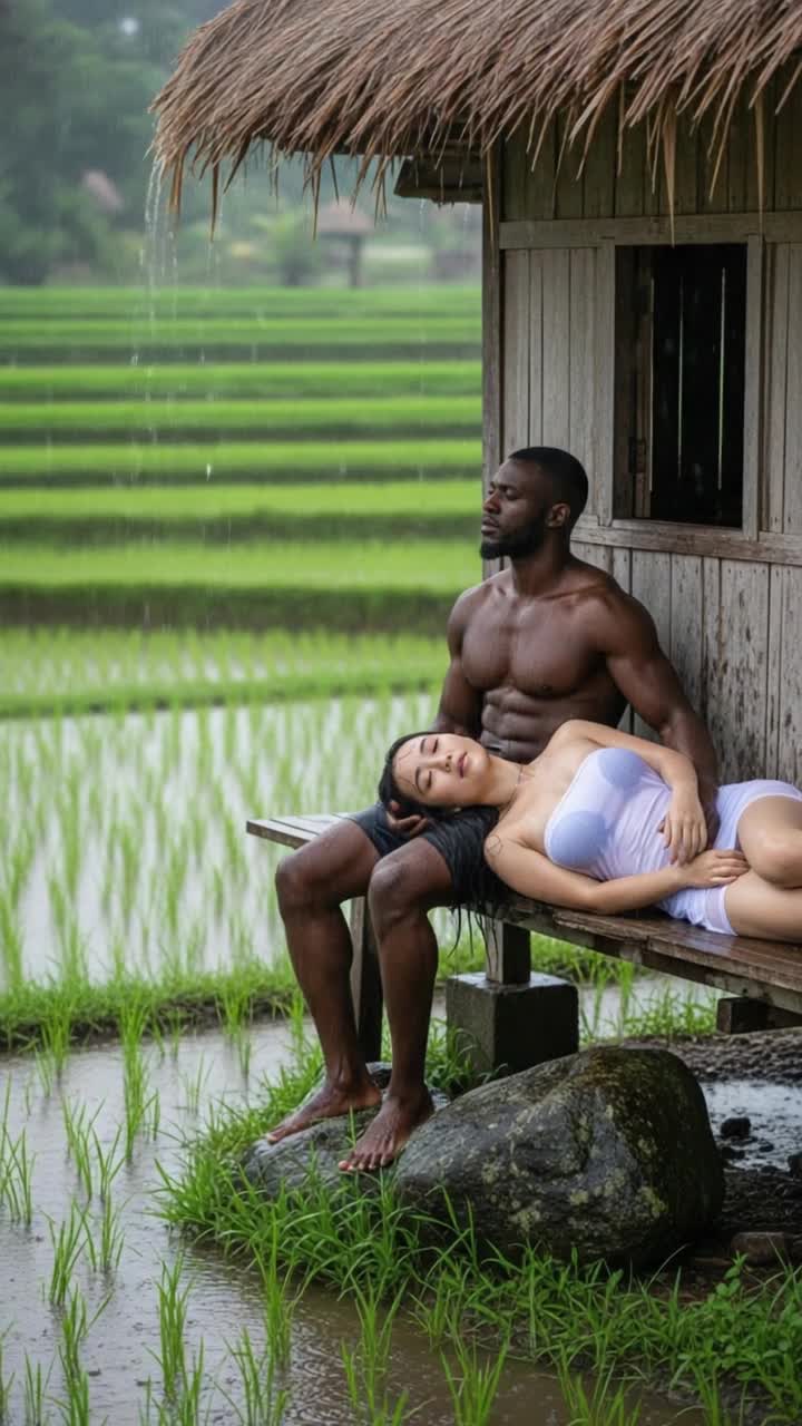 heavy rain, the mans hands massaging, the camera zooming slowly and smoothly
