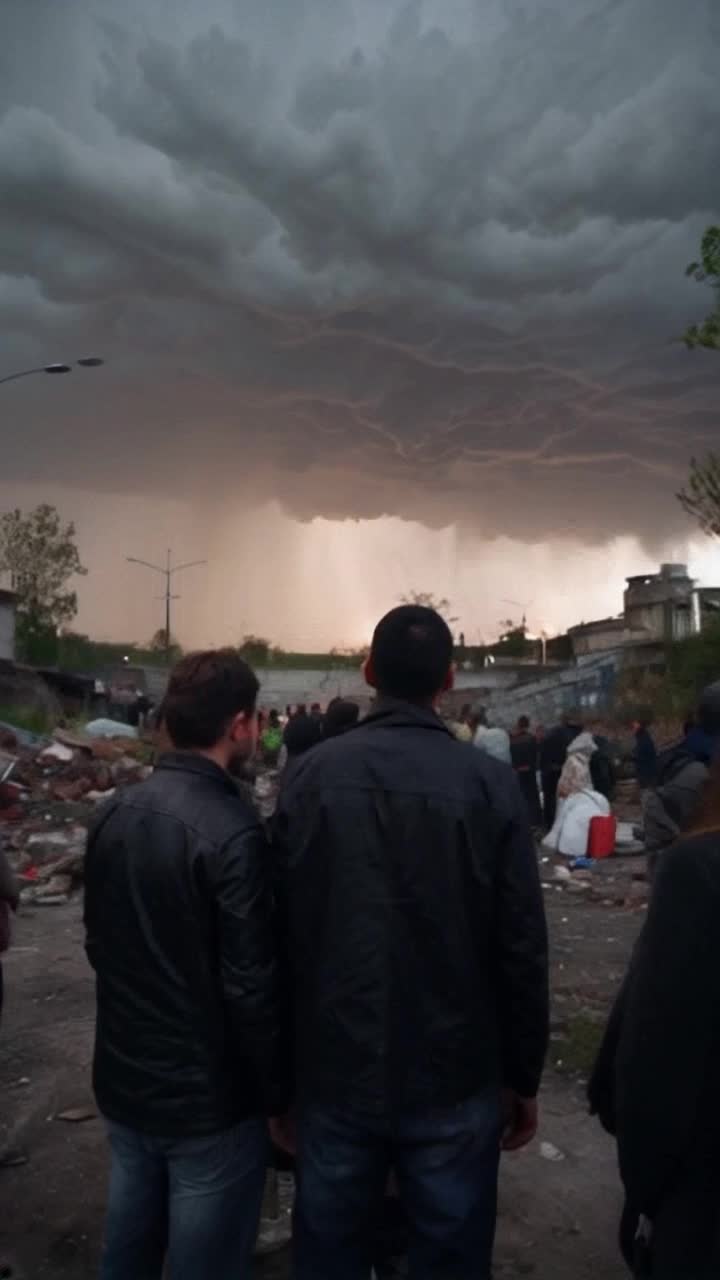 Tense crowd of people holding their breath as fear grips their expressions A sudden quake of movement jolts the scene causing panic and chaos to erupt An ominous storm cloud looms overhead casting dark shadows across a dilapidated urban landscape littered with debris and flickering streetlights