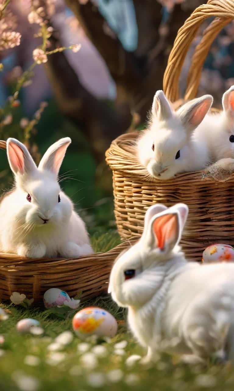 Fluffy white bunnies frolic energetically in a sunlit garden vivid speckles of color in their fur Dancing joyfully around a rustic beige wicker basket Overflowing with vibrantly decorated eggs glittering in shades of pastel Amidst a backdrop of blooming flowers swaying gently in a soft breeze Sparkles of sunlight stream through leafy branches creating a warm enchanting atmosphere
