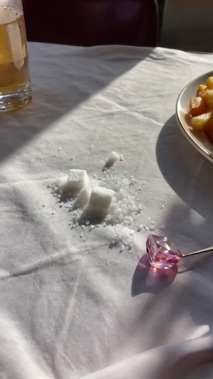 Cubic grains of salt have been spilt from a shaker onto the table cloth of a near empty restaurant, sunlight glints through it prismatically, it has an audible conversation with a nearby dropped earring of pink diamond in purple gold as a plate of French fries listens and a glass of icey cola fizzes with condensation condescendingly