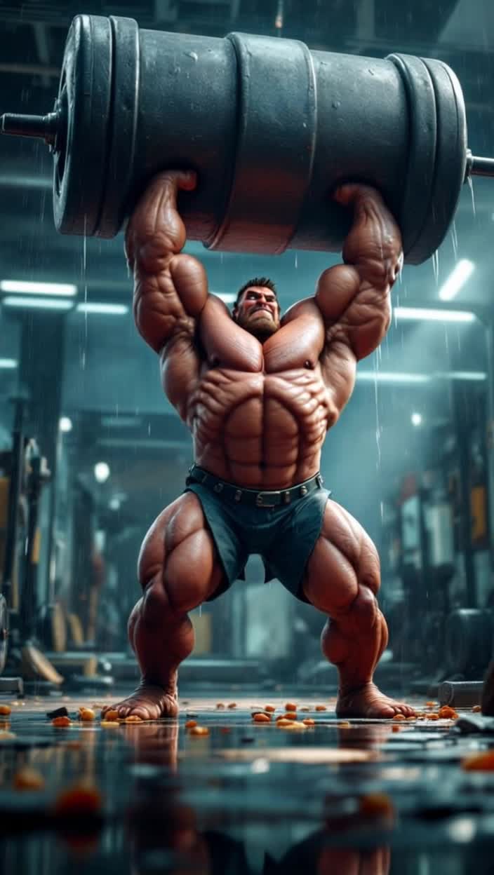 Massive bodybuilder with bulging muscles veins straining against skin grips colossal weight above head droplets of sweat trickle down glistening skin pooling around feet glinting in bright gym lights filled with echoes of clanking metal mirrors reflecting intensity vibrant energy fills air