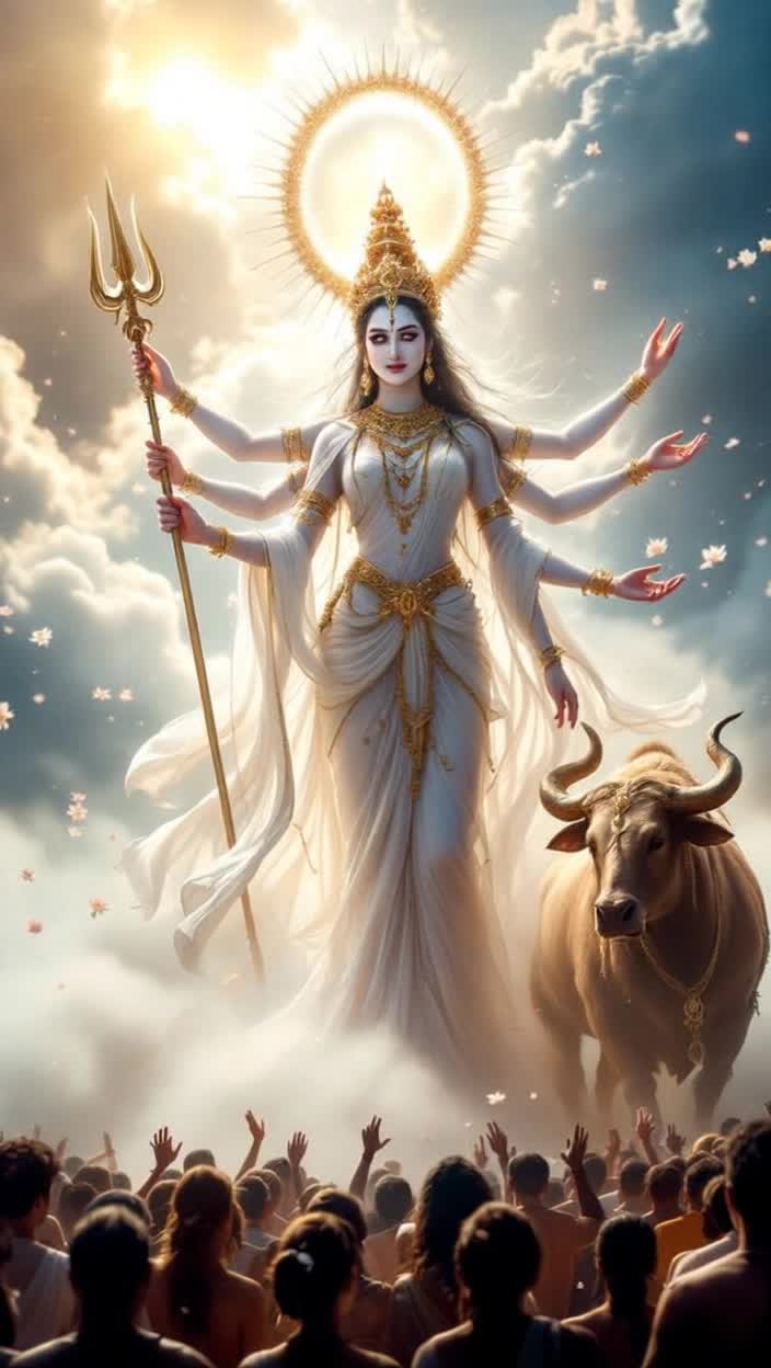 Radiant Goddess Mahagauri graces the scene illuminated in brilliant 8K animation A stunning figure draped in flowing white garments symbolizes purity and tranquility Her four arms exude grace and power One arm wields a gleaming trident while another reassures with an Abhaya Mudra In one hand she grasps a damaru while the other offers blessings in Varada Mudra Majestic bull Vrishabh stands beside her representing strength and righteousness Surrounded by ethereal clouds of white mist delicate blossoms float gently in the air as sunlight breaks through casting soft golden rays Worshippers gather in awe enveloped in a serene atmosphere of devotion and hope
