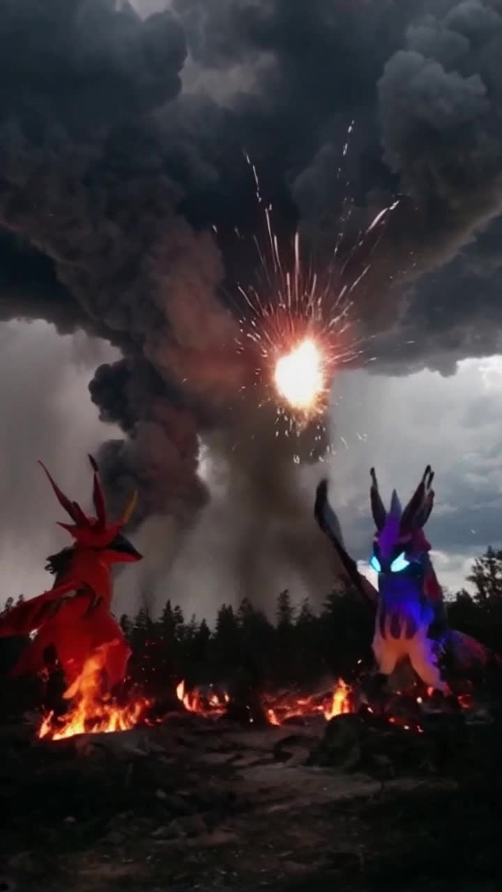 Two legendary creatures Reshiram Zekrom fierce staring each other down Lightning crackling illuminating their scales Powerful energy charges building within them Reshiram unleashes a dazzling Fusion Flare Zekrom responds with a mighty Fusion Bolt Blasts collide creating an earthshattering explosion Sending shockwaves through a burning forest Beneath them flames roar wild Pokmon scatter through smoke and embers desperately seeking escape Dark storm clouds swirl overhead The air filled with tension and fiery intensity As Zekrom lunges forward striking with Dragon Claw Igniting a battle of epic proportions against a backdrop of chaos and devastation