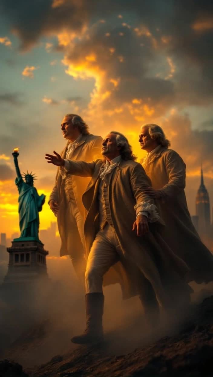 The founding fathers of the Constitution and the declaration of independence rise from the dead to comfort lady liberty