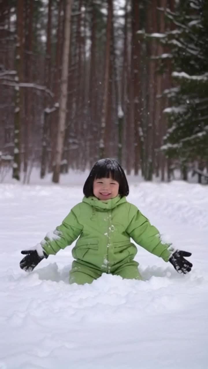 An American girl, making snow angels in the snow, short bob lime green hairstyle, wearing a snowsuit, happy smile on her face as the snow falls from the sky, 1080 pixels, 4k high quality resolution, snowy forest trees in the background, description by csherriereevoices 