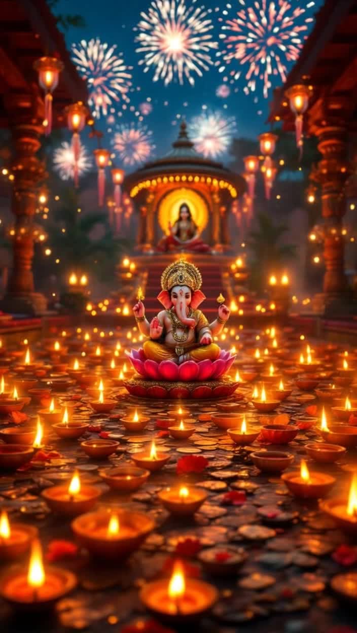 An enchanting gathering of vibrant earthen lamps illuminates the scene Each diya flickers with a golden flame revealing intricate patterns as music begins to play A majestic image of Lord Ganesha slowly emerges on a resplendent red lotus showered with divine light capturing every detail of his ornate attire Nearby Goddess Mahalakshmi appears radiantly on a white lotus surrounded by a cascade of golden coins and fragrant petals A festive Mandap unfolds in a background of flickering diyas as calm shlokas fill the air showcasing the spirit of Diwali Glorious fireworks burst to life displaying sparkling visuals culminating in an uplifting celebration of joy