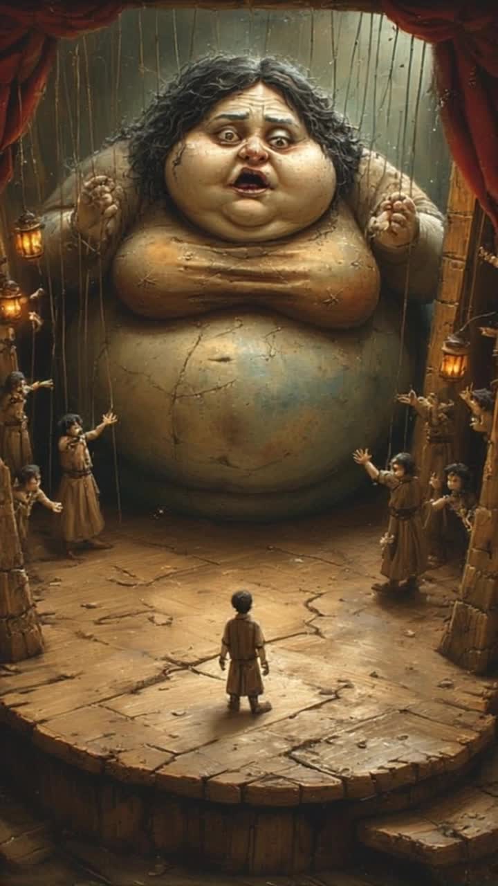 The camera slowly pushes forward onto a crooked puppet stage, dimly lit by flickering lanterns The morbidly obese wife puppetmaster looms above, her cracked porcelain face twisted with paranoia, massive hands clutching tangled strings Her strings pull violently, making shadowy marionette friends in the wings flail and reach out helplessly The crooked stage floor suddenly slams shut like a trapdoor, splintered boards cracking and sinking, swallowing the puppets below The frail husband puppet stands center stage, stitched with glowing guiltthreads, wobbling and twitching as he watches helplessly Shadows twist and stretch across warped striped curtains, lanterns sway, and the atmosphere is grotesque, eerie, and tragically theatrical Motion is abrupt and puppetlike, with sudden snaps and exaggerated, dreamlike distortions