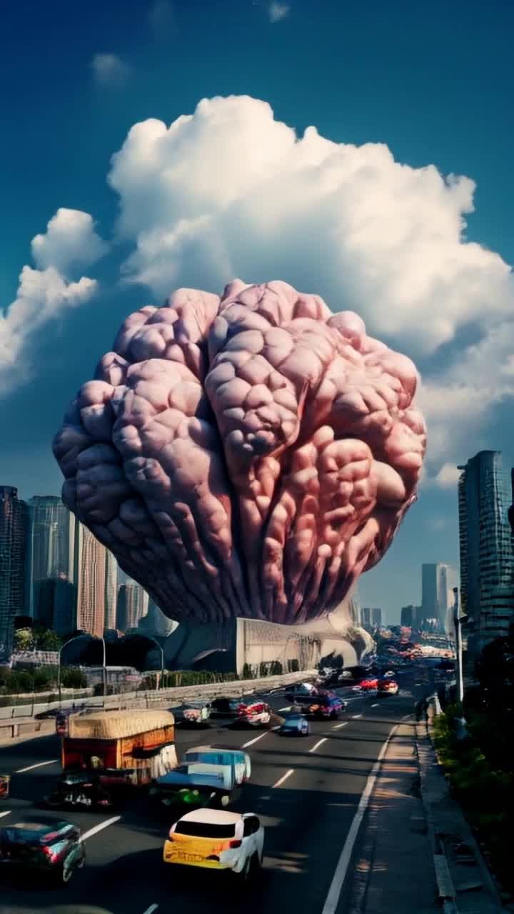 Giant pulsating brain radiating electric energy towering over a chaotic freeway full of colorful vehicles swerving honking frantically as they dodge this colossal organ Sunlight glistening off its smooth surface creating surreal shadows dancing on asphalt Skyscrapers stretching towards a vibrant blue sky framing this strange spectacle with puffy white clouds drifting lazily overhead
