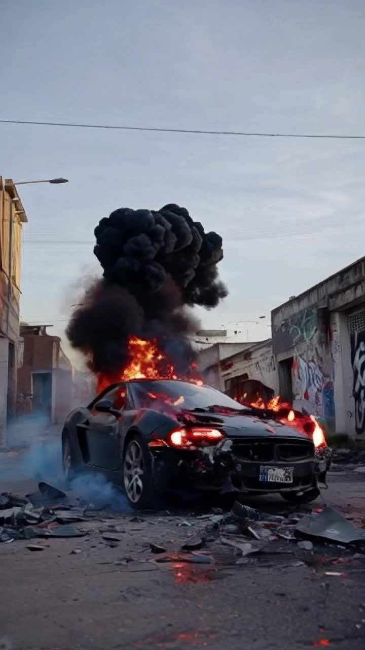 Flaming red sports car blazing in fierce flames engulfed in thick plumes of black smoke rising swiftly into the sky shattering glass scattering debris in vibrant slowmotion dramatic explosion rippling shockwaves rippling through the air abandoned urban street lined with crumbling buildings graffiti splashed walls glinting shards of metal catching sunlight scattered across cracked asphalt and a movie director yell cut Its the end of a scene 