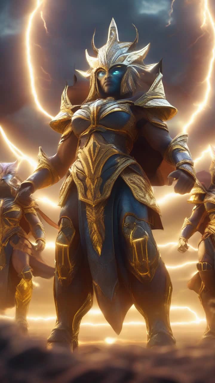 Earth guardians clad in radiant armor wielding ancient artifacts glowing with power gather in unity raising their arms high. They channel energy into a dazzling surge of light piercing the darkened sky. Surrounding them a tempest brews with swirling clouds and flashes of lightning illuminating the tense atmosphere. Flickering shadows dance across their determined faces as they prepare for the impending cataclysm. Vibrations ripple through the ground as nature responds to their call creating an electrifying aura filled with raw energy anticipation and urgency