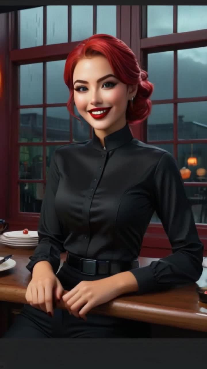 a beautiful red head woman, wearing all long sleeved black shirt black pants and black tennis shoes, her hair in a bun, running smiling seating people at a restaurant as a hostess, her name tag says Tara, the restaurant has green and gold interior, its busy with many workers wearing the same black uniform, she is the only red head women seen, the windows show its rainy and cloudy outside 