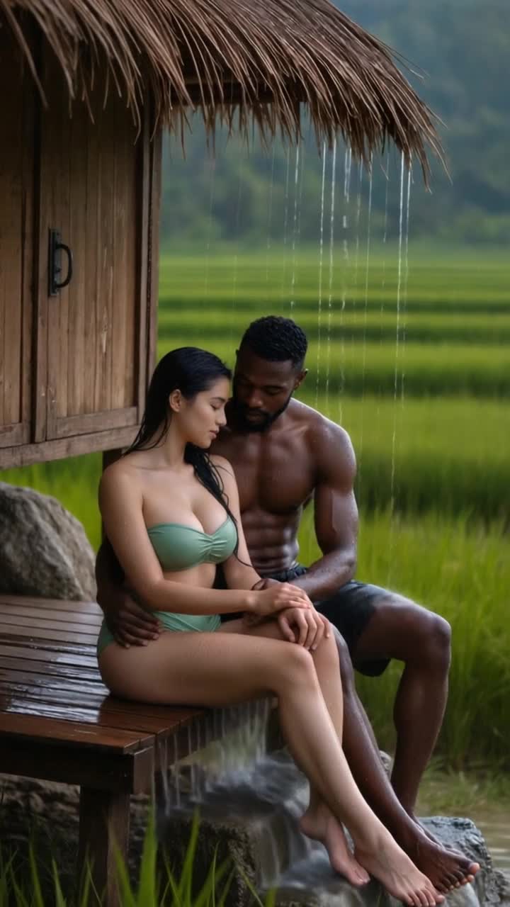 heavy rain, man massages woman gently