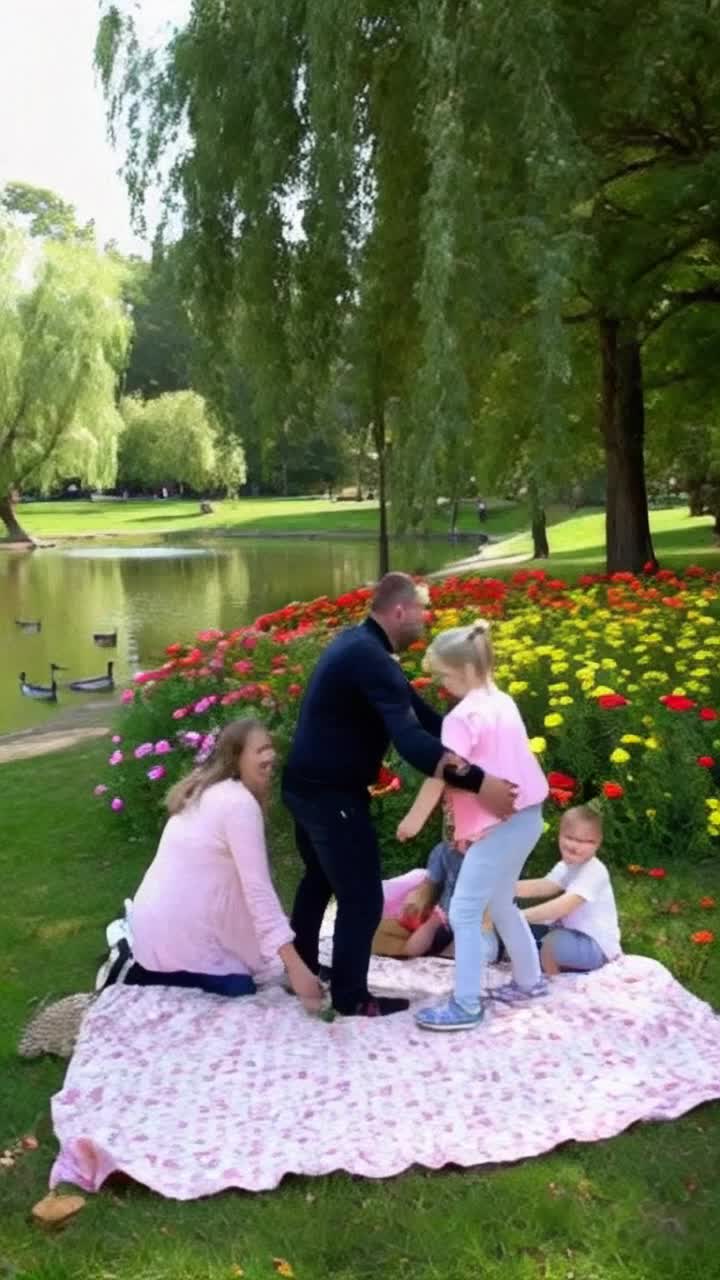 Vibrant family of five radiating joy and warmth embracing each other in a sunsoaked park Laughter echoes as children chase butterflies, while parents share a tender glance Majestic oak trees sway gently in the breeze, casting playful shadows on a colorful picnic blanket strewn with delicious treats Wildflowers in full bloom dance around them adding splashes of color to the scene A nearby pond glimmers under the golden sunlight with ducks gliding gracefully, completing this picturesque setting of love and togetherness