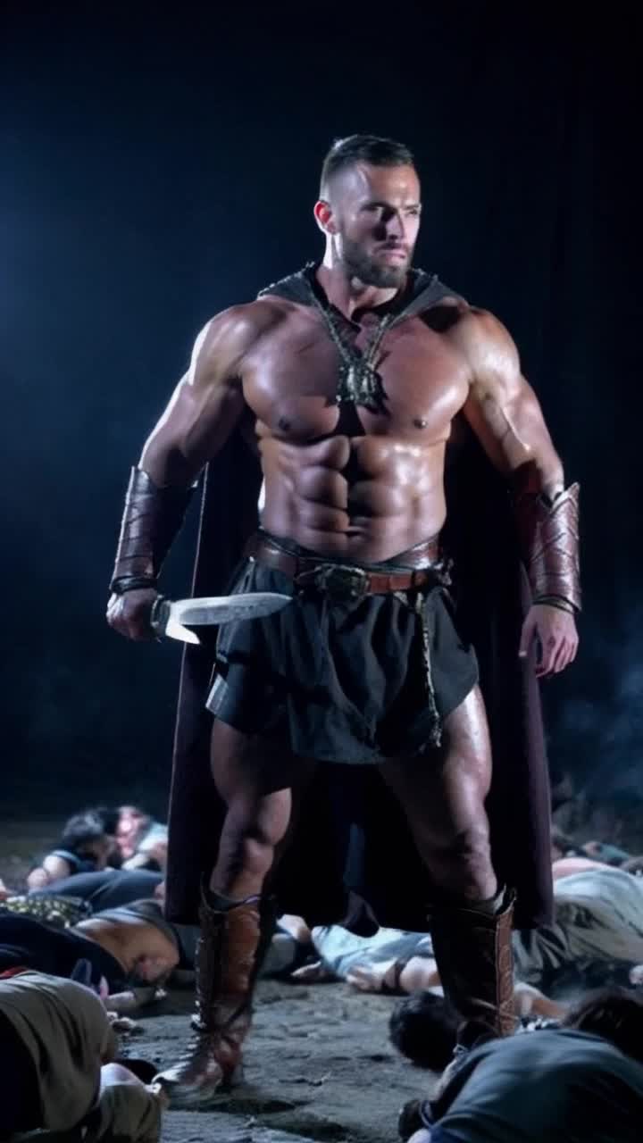 Muscled warrior exuding strength displays heroic pose radiating confidence Daringly dances amidst victorious triumphs Bright diffused lighting accentuates dynamic movements surrounding swirling chaos of fallen foes